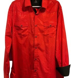 DE-NIKO Men’s Sz XL Flip Cuff Reflective Diamond Pattern Western Red Shirt